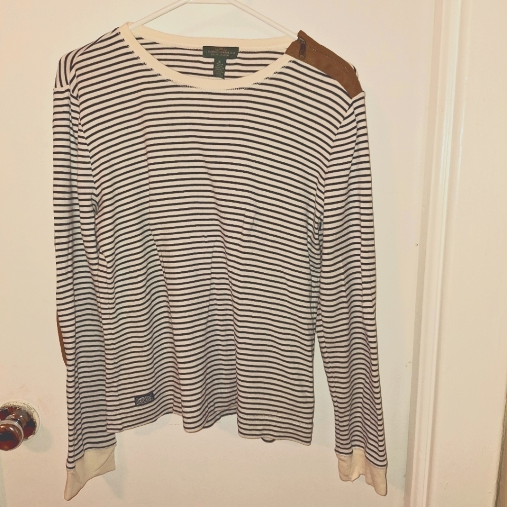 Lauren Ralph Lauren  Striped Equestrian Elbow Patch top. Size XL